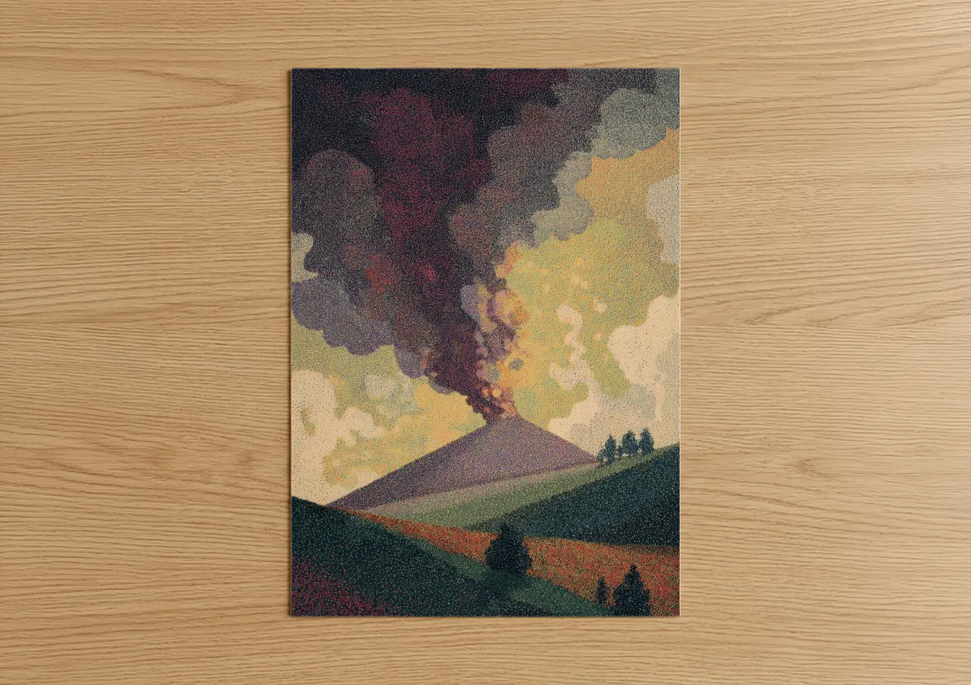 Volcanic Eruption Pointillist Landscape Wall Art