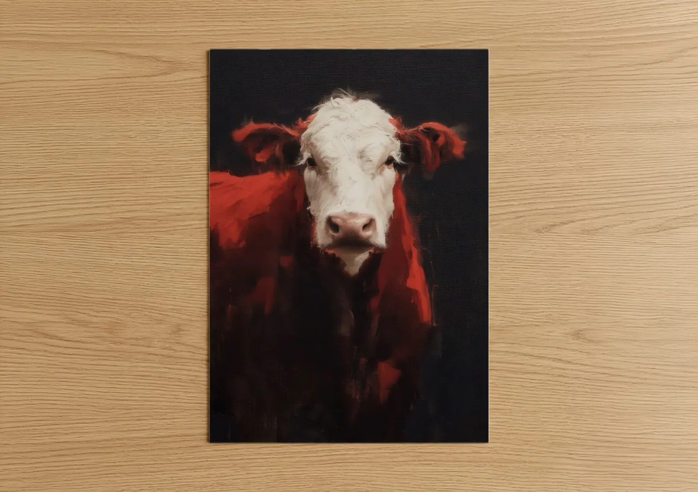 Hereford cow art print on warm oak wood — red and white palette — Hereford Portrait Bold poster