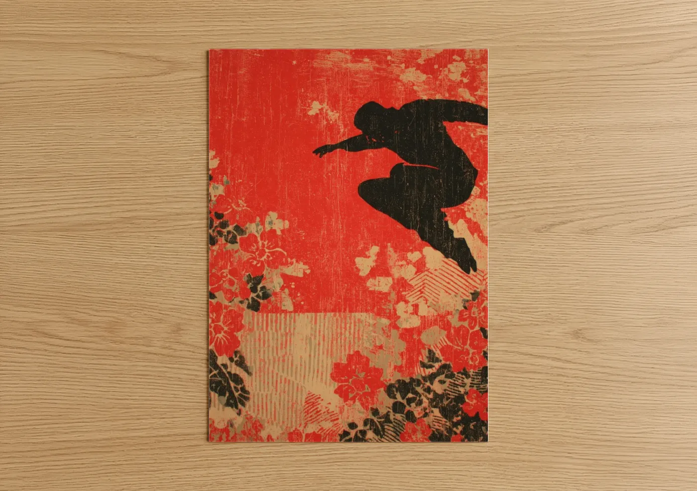 Art print on warm oak wood — red and black and white palette — Urban Parkour Leap poster