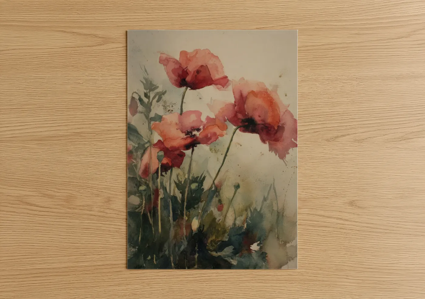 Art print on warm oak wood — salmon pink and dark green palette — Crimson Poppies poster