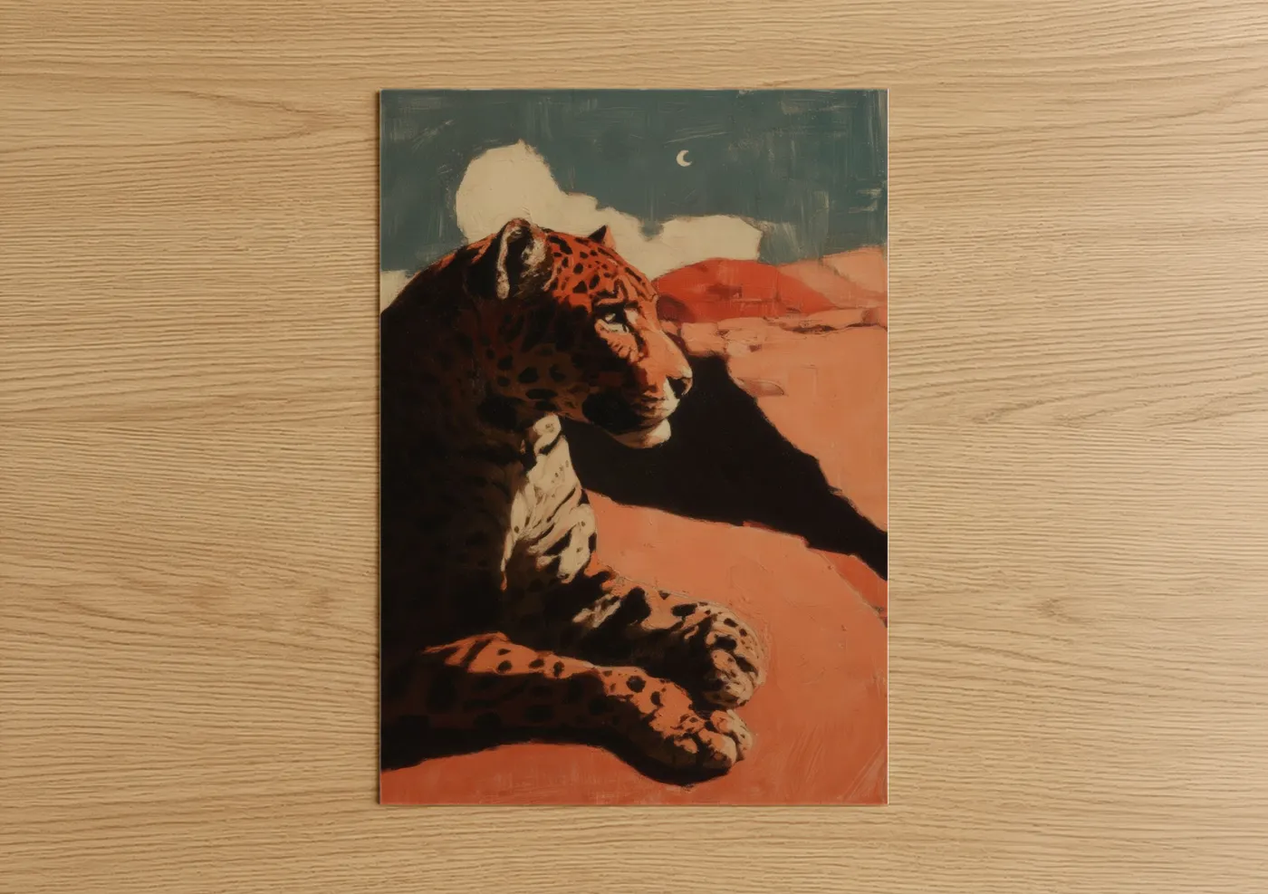 Art print on warm oak wood — orange and sage green palette — Desert Jaguar poster