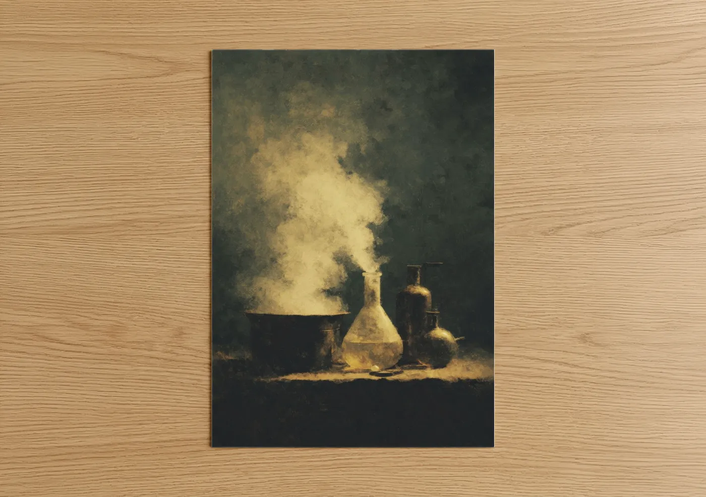 Dark fantasy art print on warm oak wood — gold and black palette — Alchemist's Brew poster