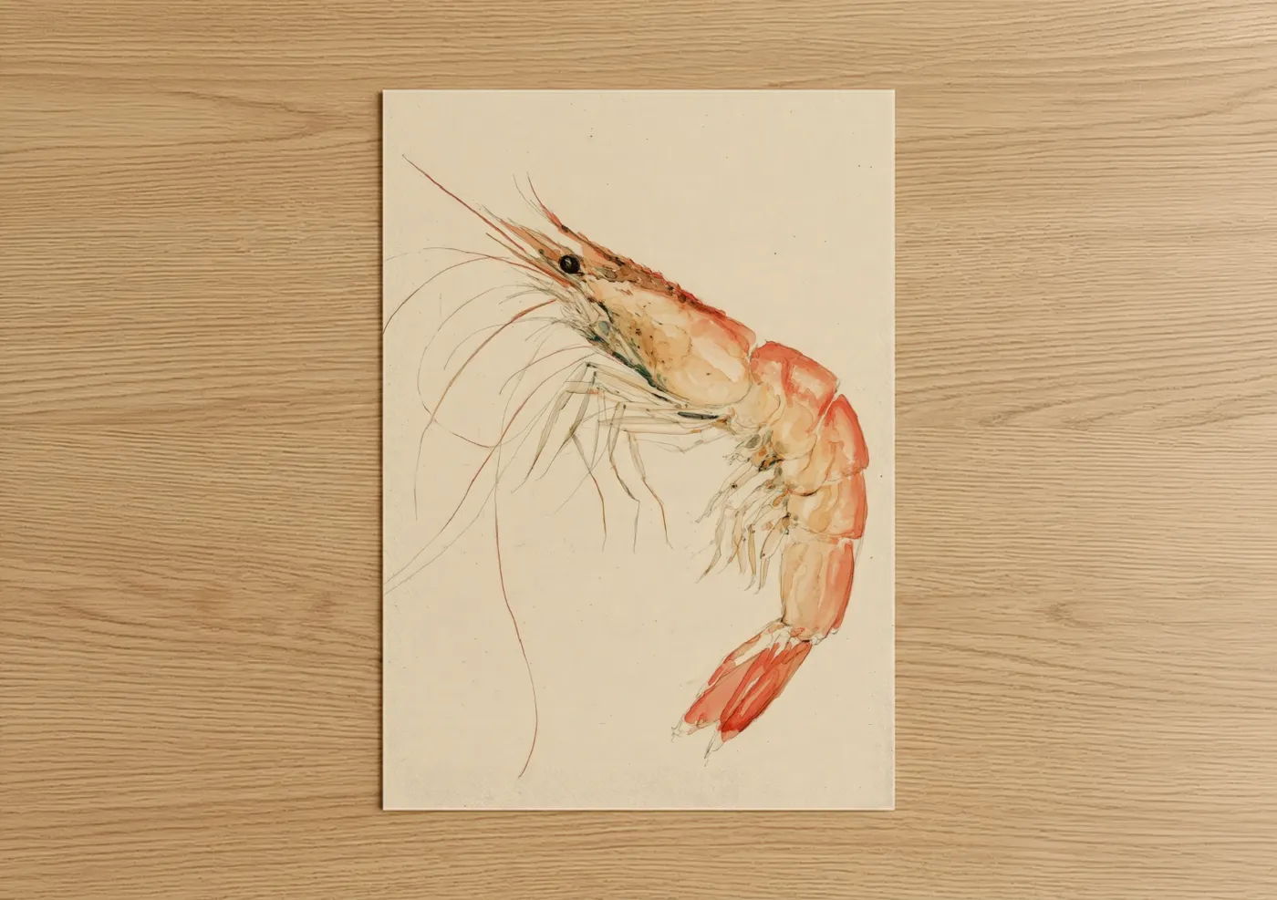 Seafood art print on warm oak wood — salmon pink and cream palette — Delicate Shrimp Study poster