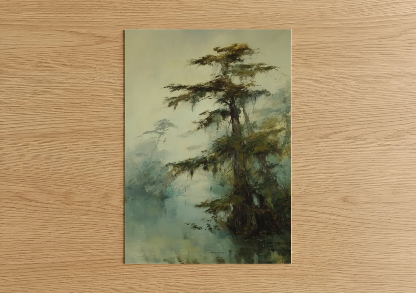 Misty Cedar Tree Watercolor Landscape Wall Art