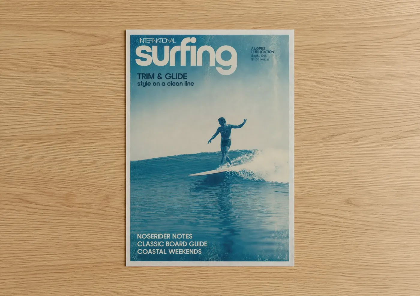 Water surfing art print on warm oak wood — blue and blue and white palette — Vintage Surfing Magazine Cover Wall Art poster