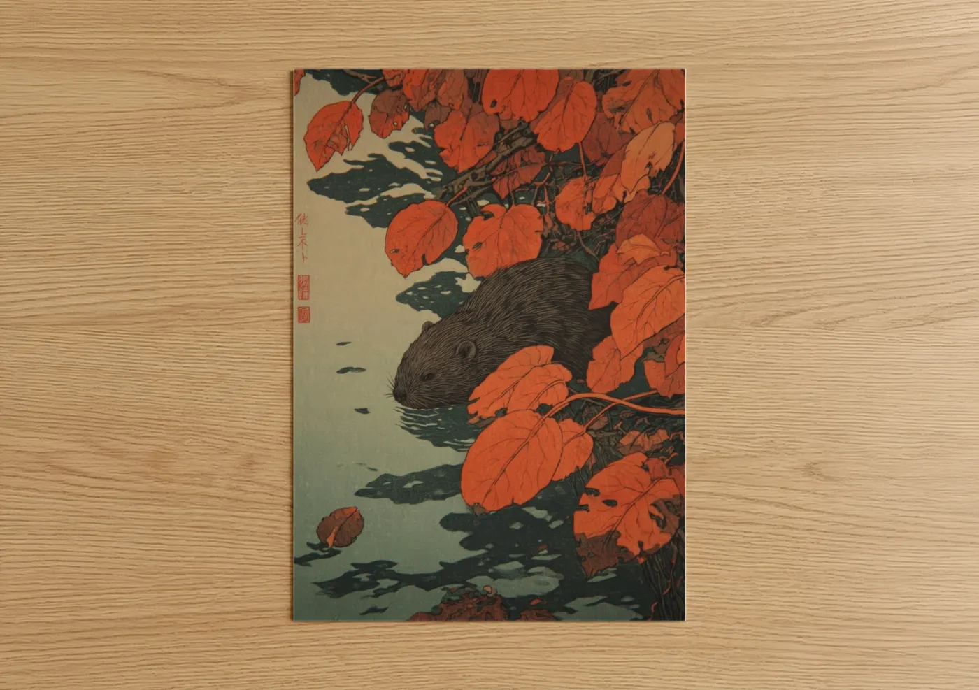 Autumn Beaver Japanese Woodblock Wall Art