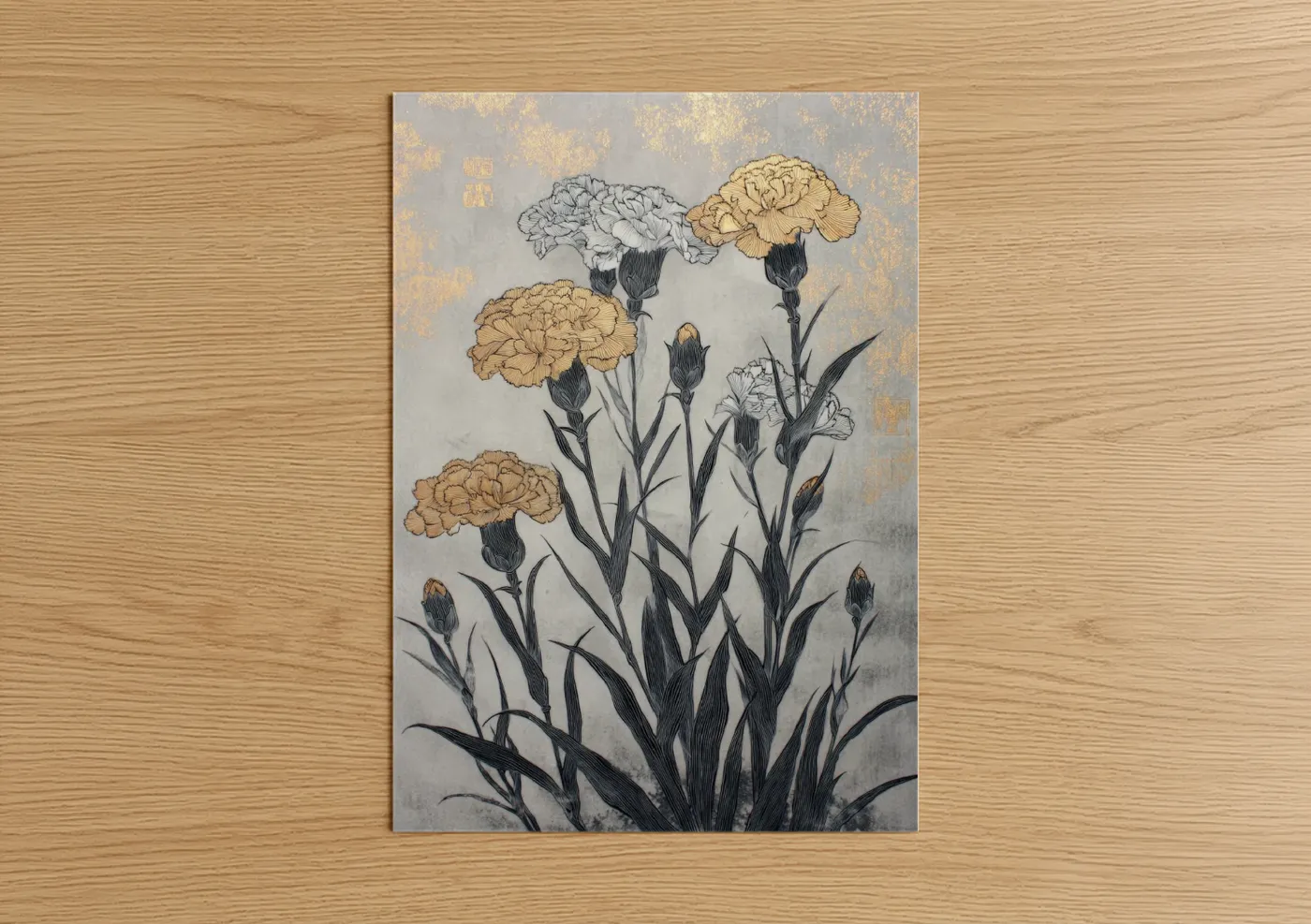 Golden Carnation Cluster Botanical Art Wall Art