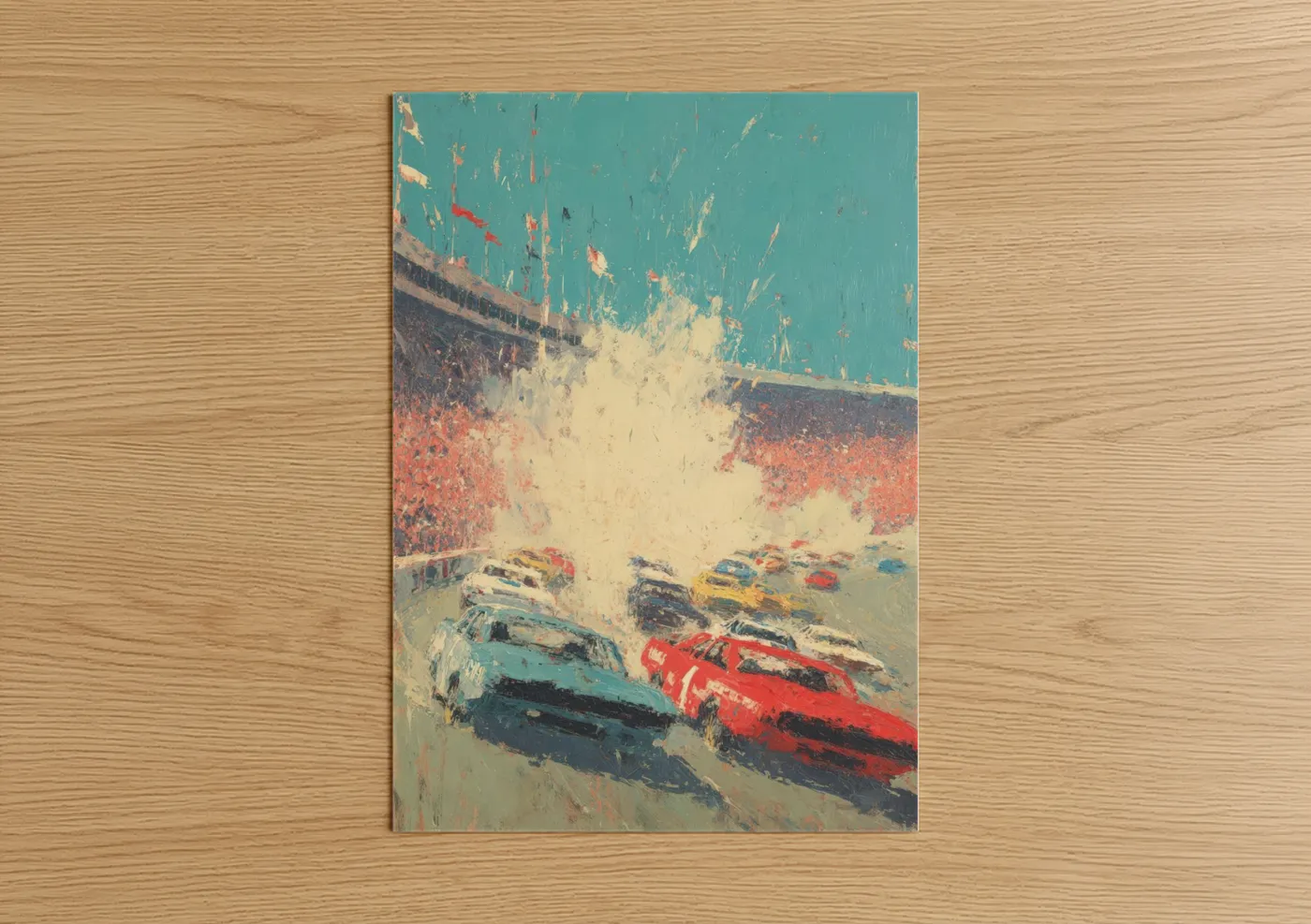 Auto racing art print on warm oak wood — turquoise and red palette — Vintage Racing Stadium poster