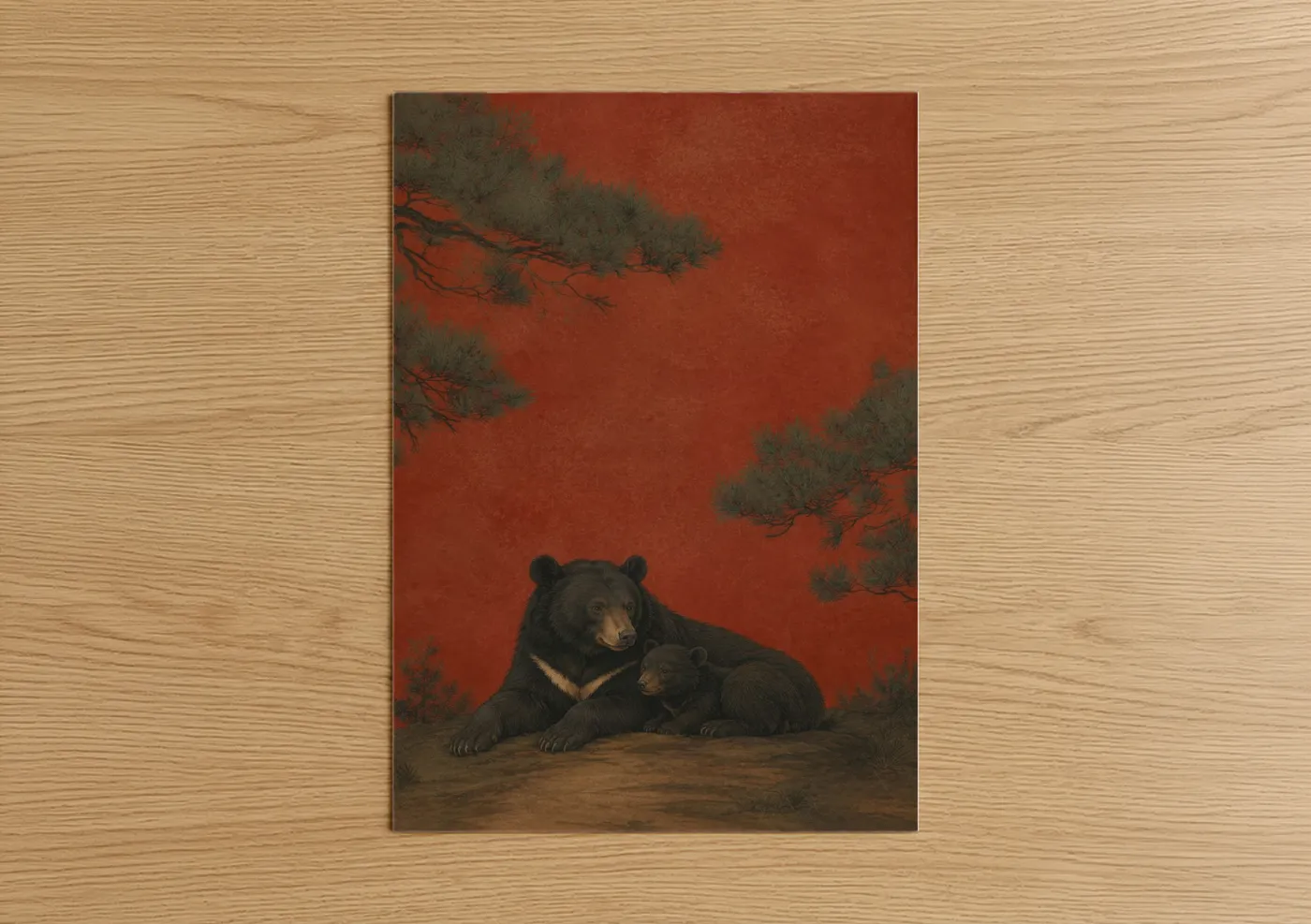 Art print on warm oak wood — red and espresso palette — Asian Bears Pine Forest Wall Art poster