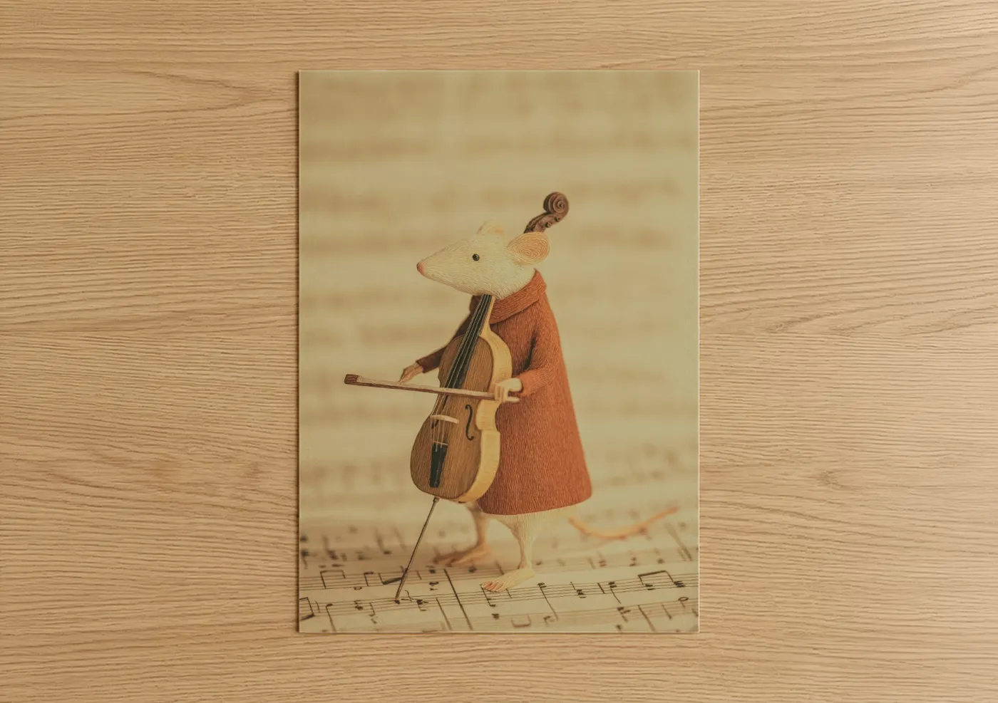 Mice art print on warm oak wood — cream and russet palette — Musical Mouse poster