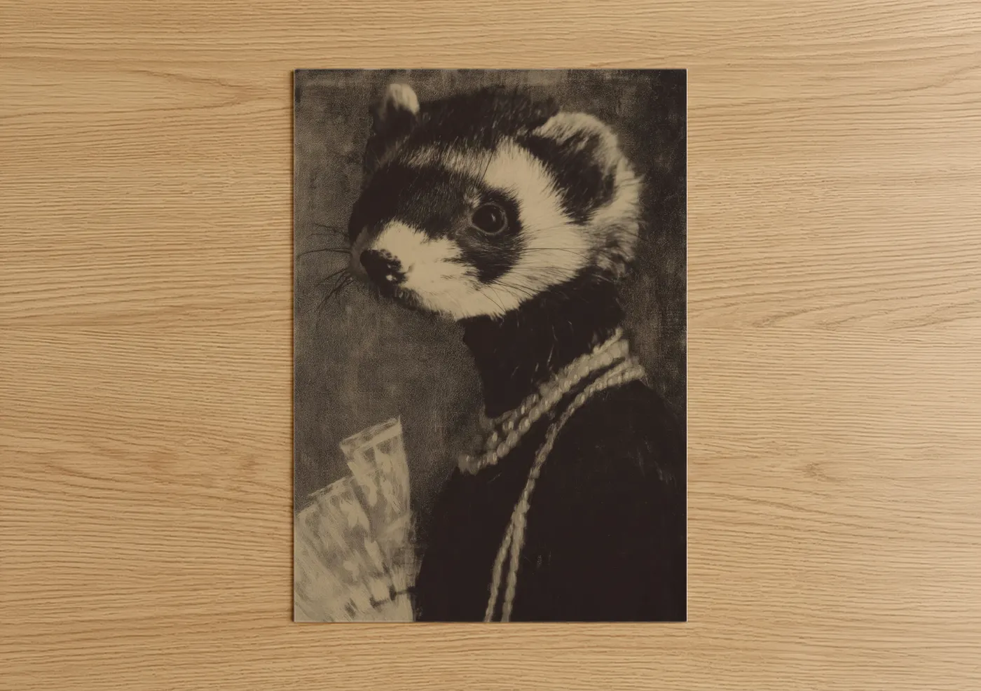 Art print on warm oak wood — black and white and gray palette — Dapper Ferret poster