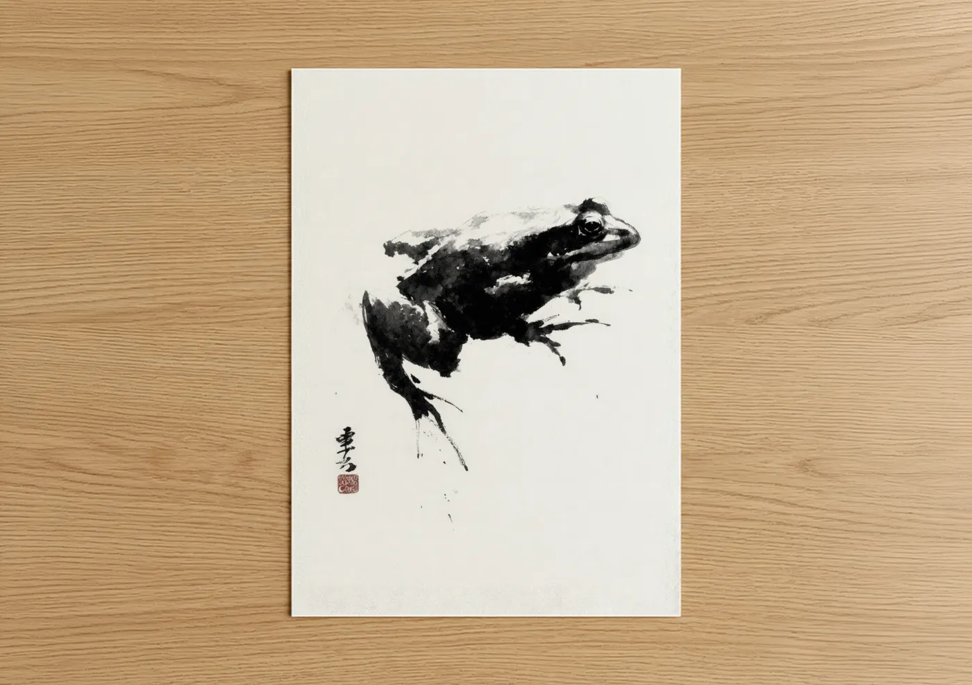 Frogs and toads art print on warm oak wood — black and white palette — Leaping Frog poster