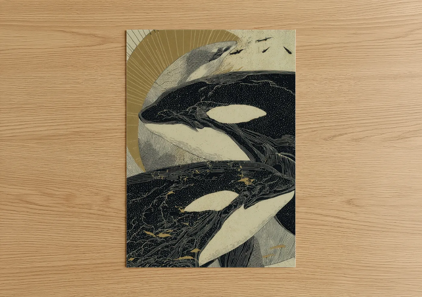 Golden Orca Whale Pair Art Print Wall Art