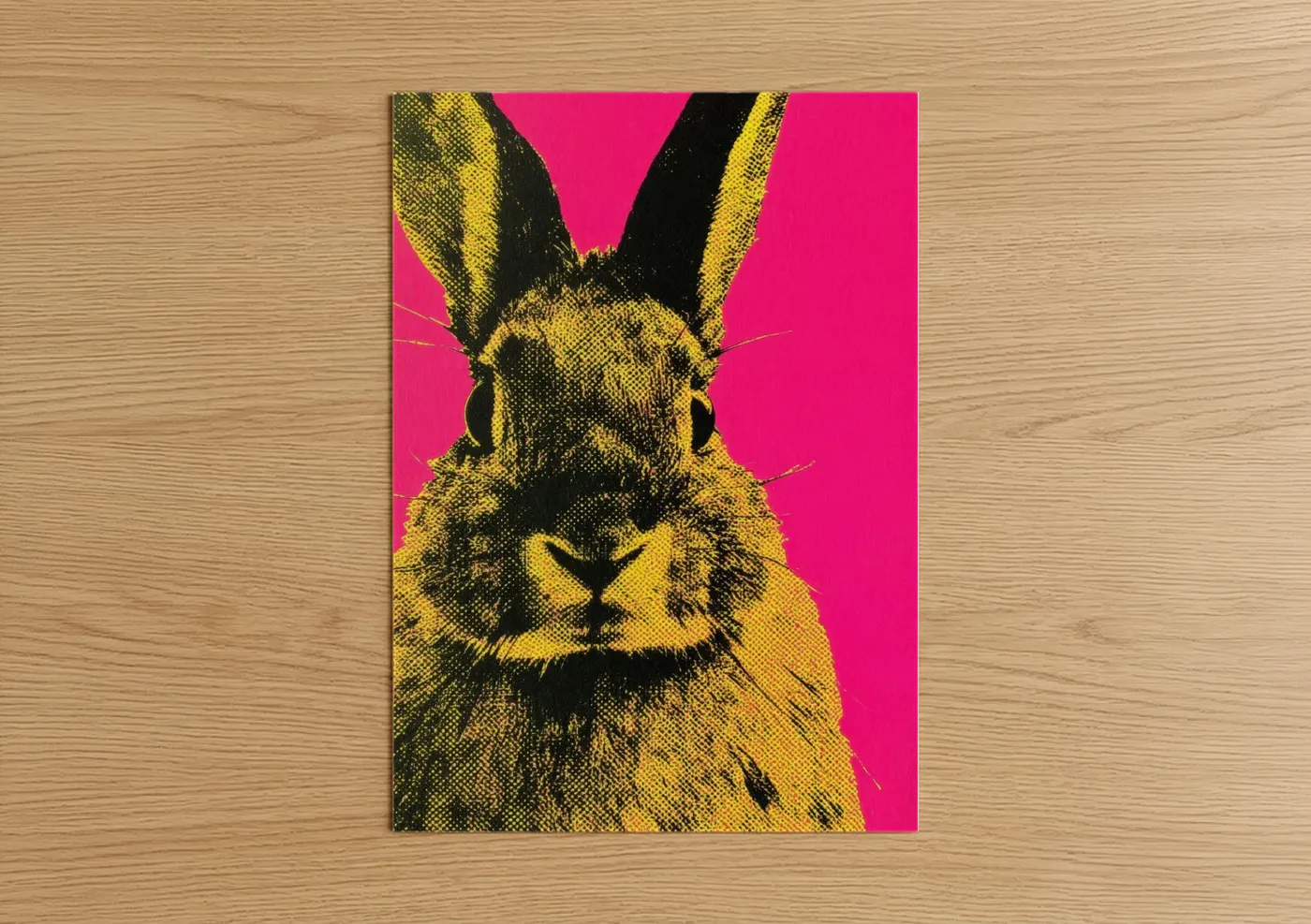Art print on warm oak wood — yellow gold and magenta palette — Pop Art Rabbit poster