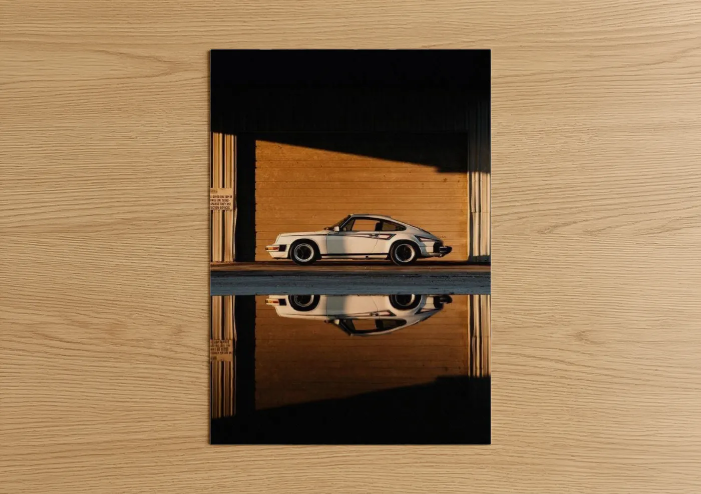 Sports car art print on warm oak wood — gold and black and white palette — Porsche Reflection poster