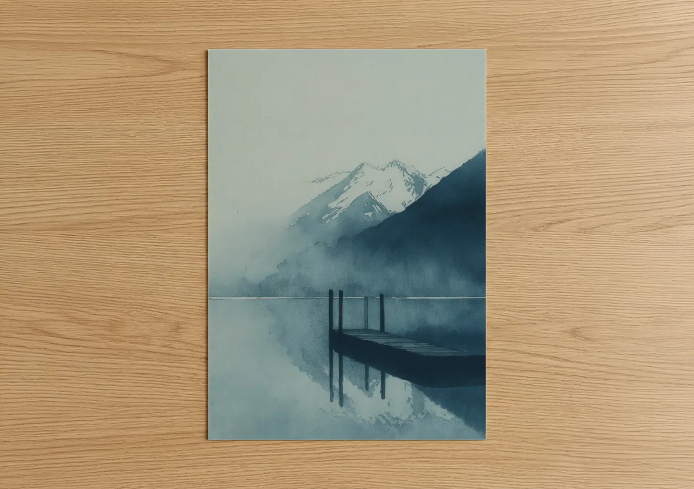 Docks and piers art print on warm oak wood — dove gray and blue and white palette — Misty Mountain Dock poster