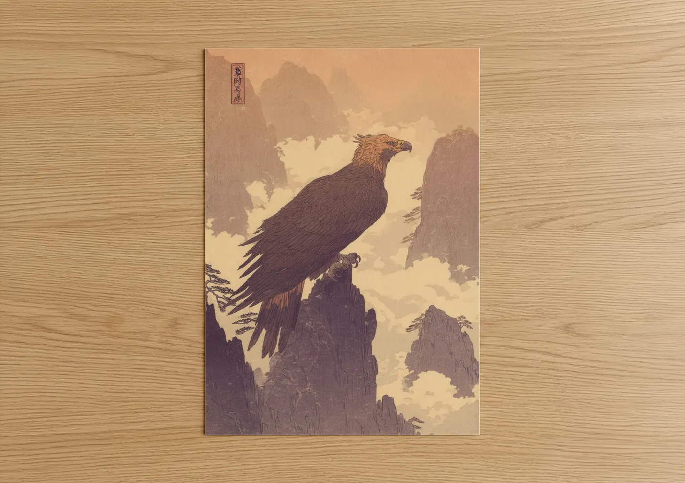 Art print on warm oak wood — gold and cream palette — Mountain Griffin poster