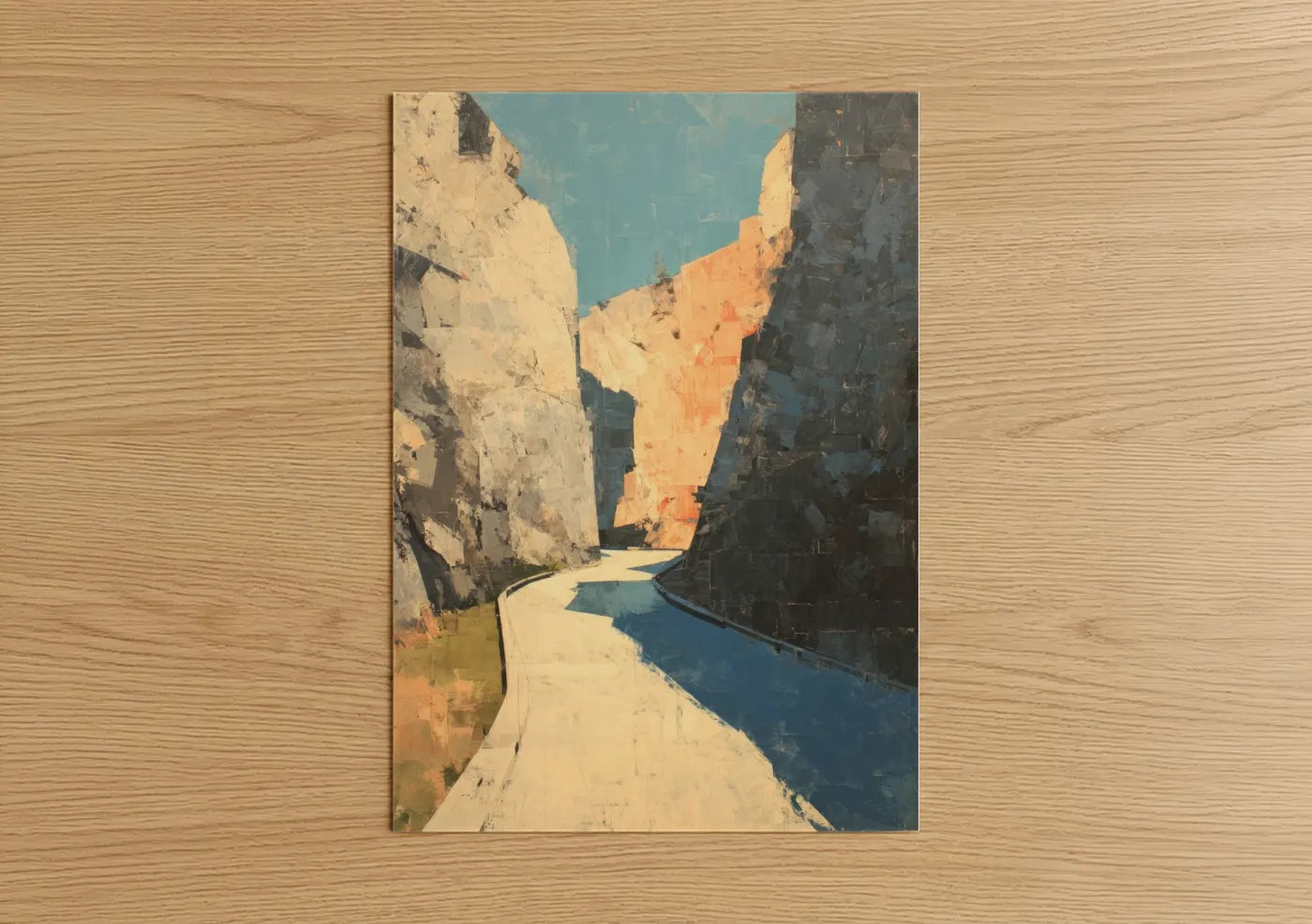 Road and highways art print on warm oak wood — cream and blue palette — Canyon Road poster