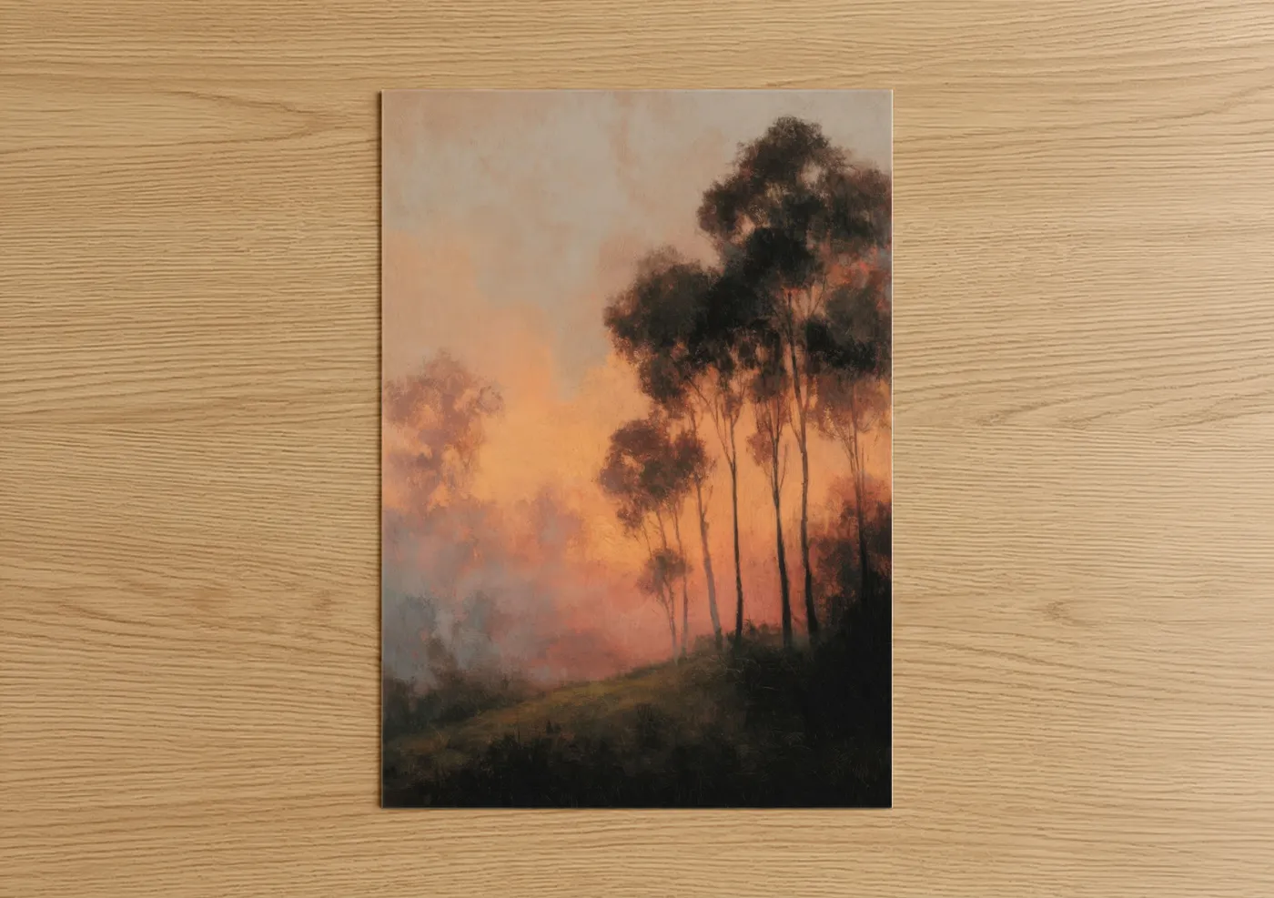 Misty Eucalyptus Forest Sunset Painting Wall Art