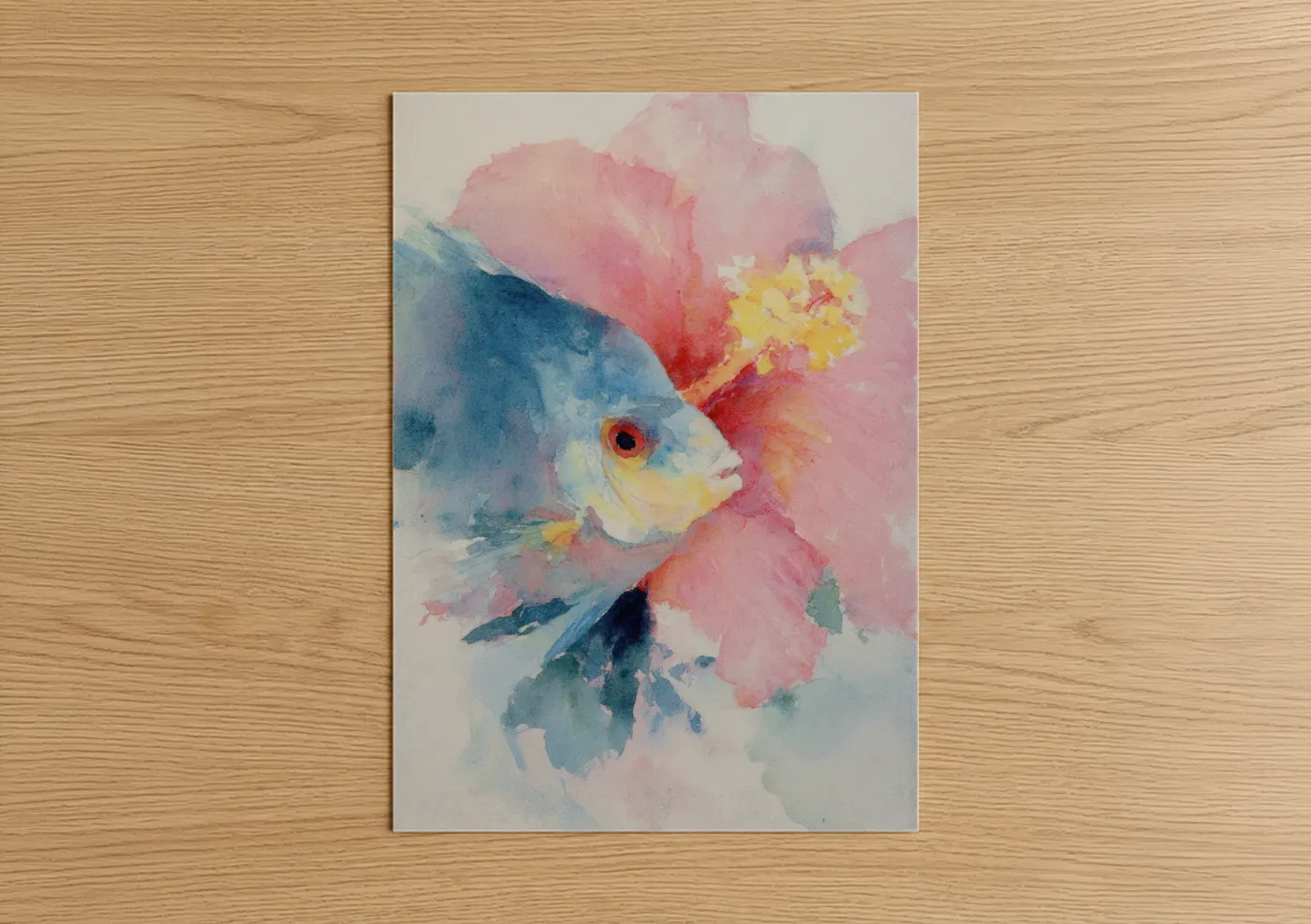 Discus fish art print on warm oak wood — pink and blue palette — Pink Blossom Discus poster