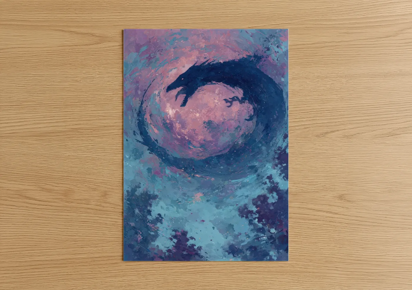 Art print on warm oak wood — pink and blue palette — Cosmic Basilisk poster