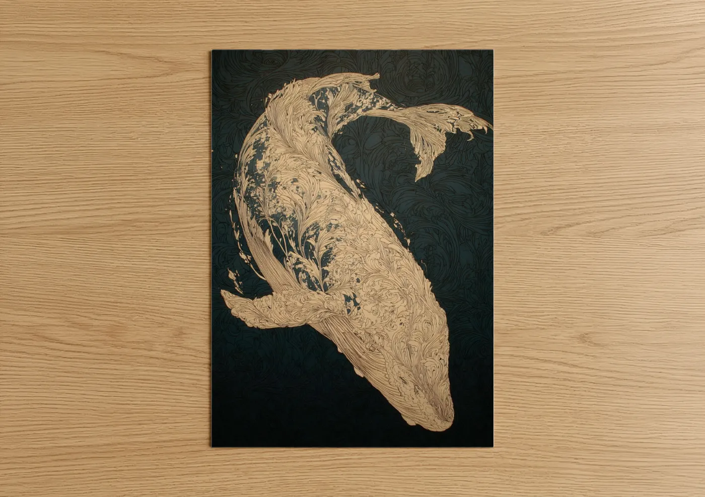 Art print on warm oak wood — cream and dark blue palette — Deep Ocean Sperm Whale poster