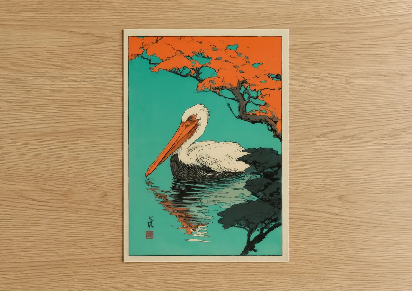 Tropical Pelican Orange Teal Wall Art