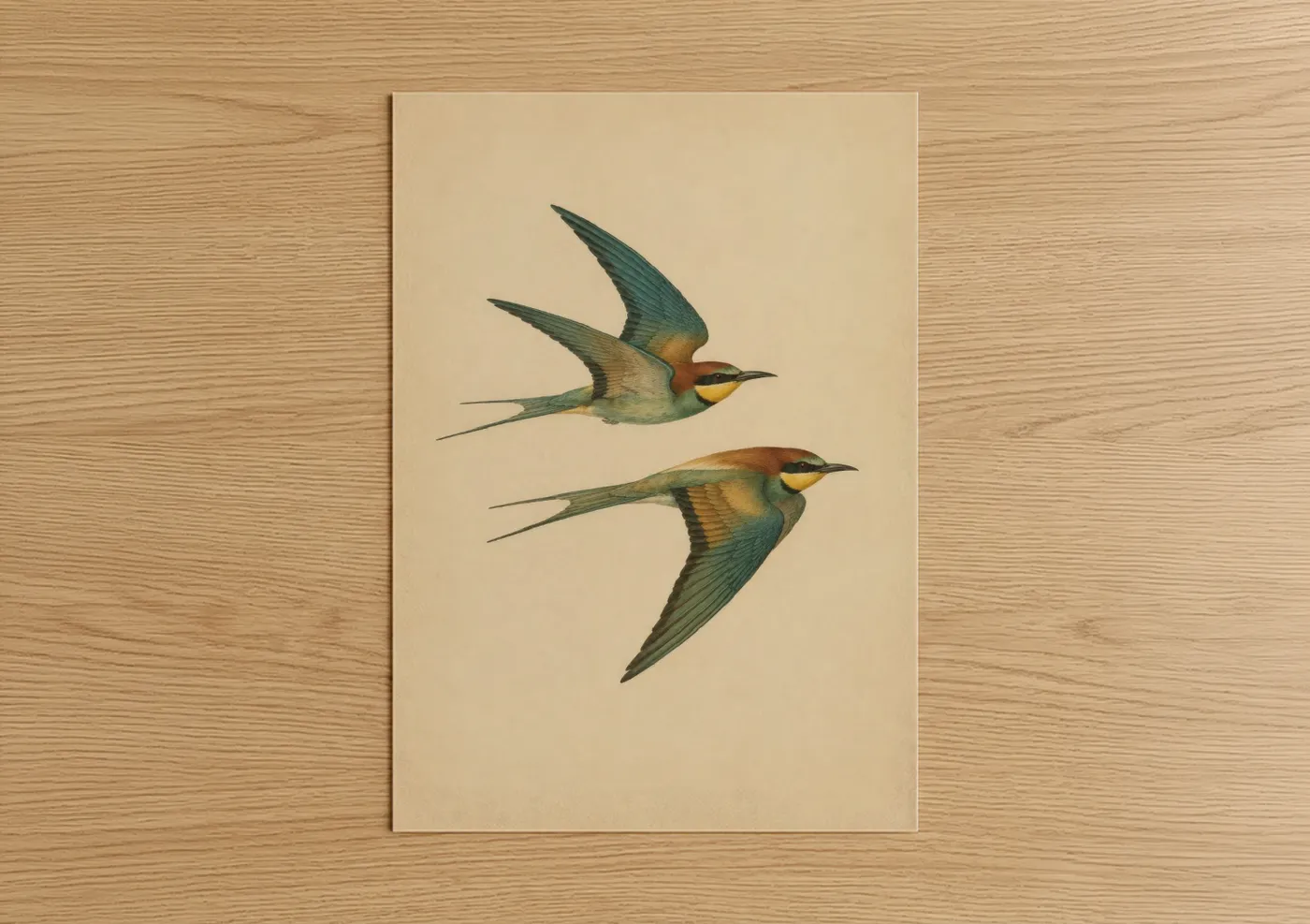 Birds art print on warm oak wood — beige and teal palette — Vintage Songbird Flight Wall Art poster