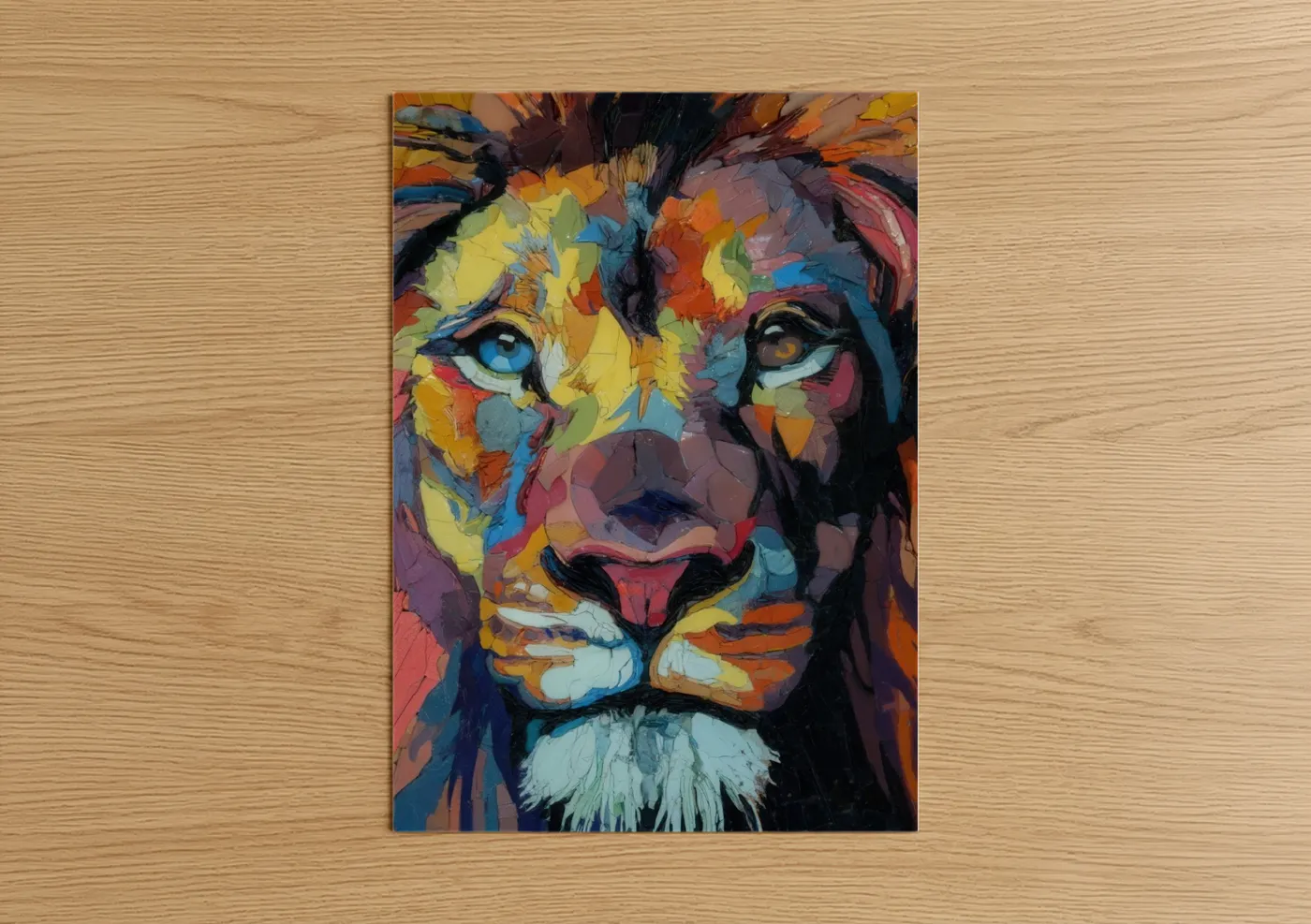 Art print on warm oak wood — orange and blue palette — Colorful Lion Portrait poster