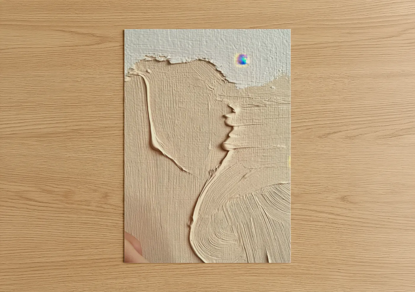 Abstract classic art print on warm oak wood — beige and white palette — Textured Contemplation poster