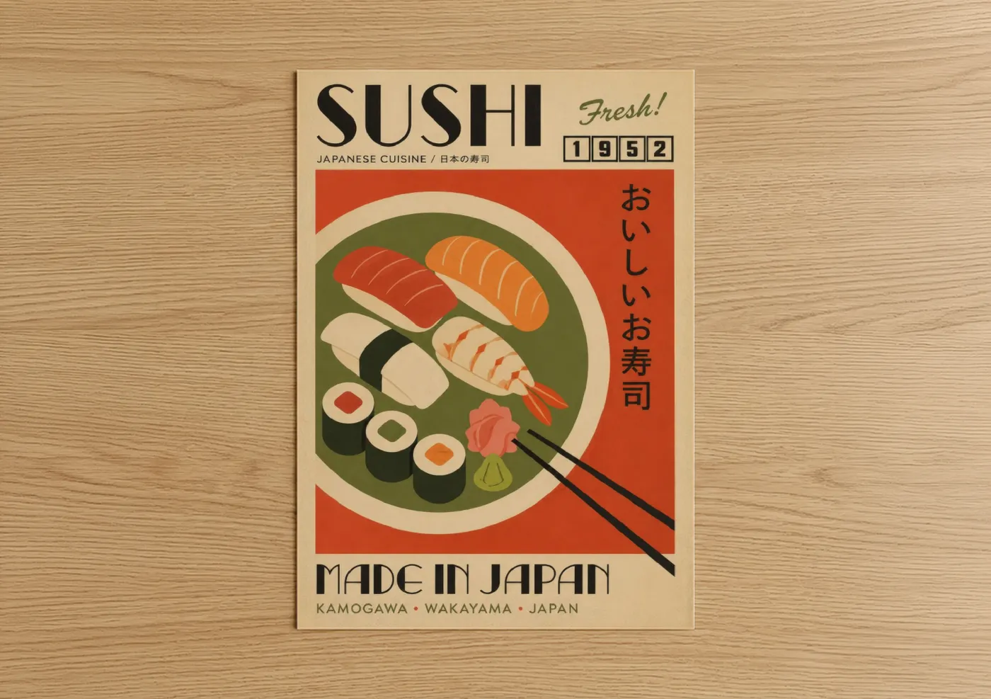 Seafood art print on warm oak wood — red and beige palette — Vintage Japanese Sushi Plate Wall Art poster