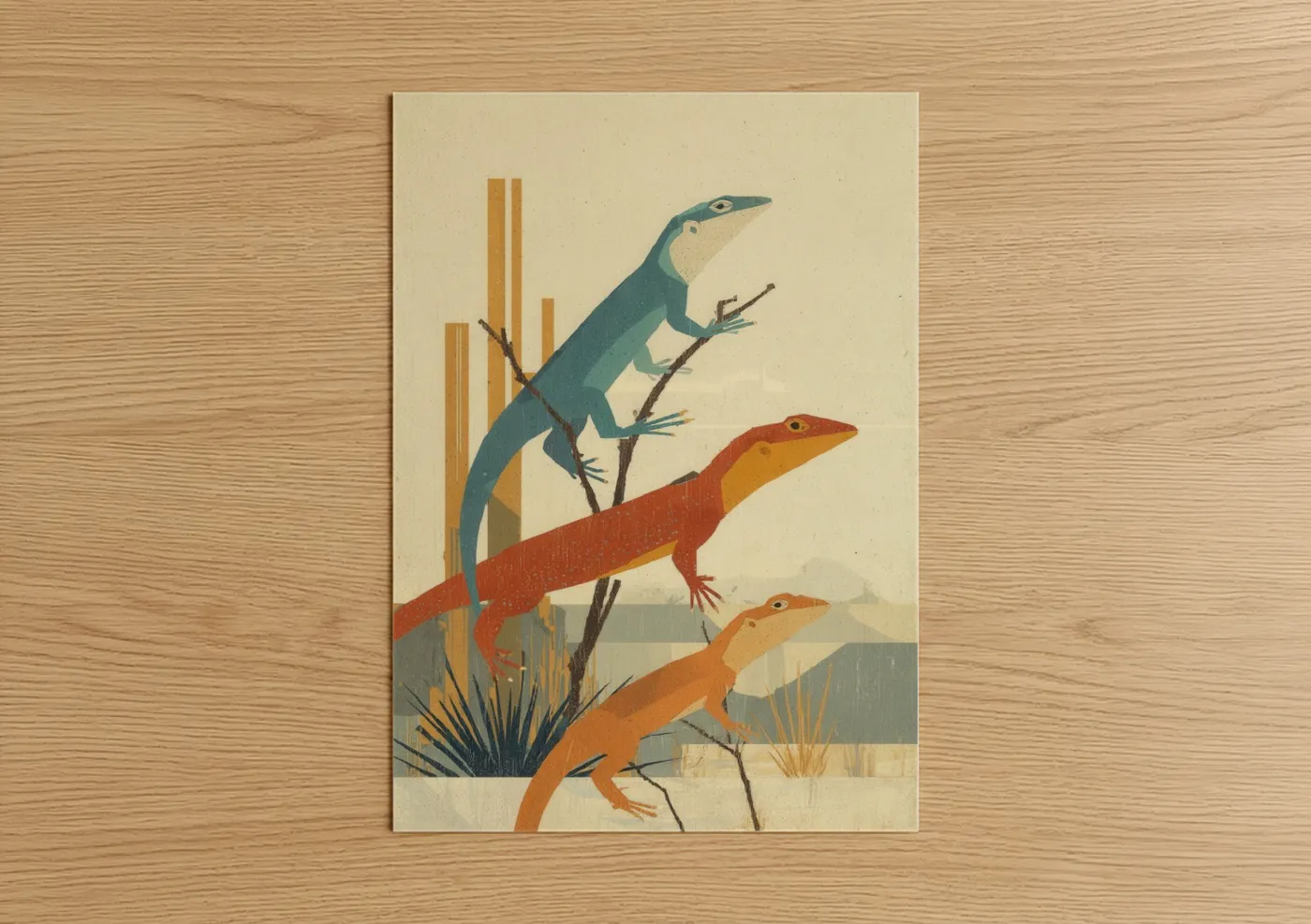 Art print on warm oak wood — cream palette — Colorful Lizard Trio poster
