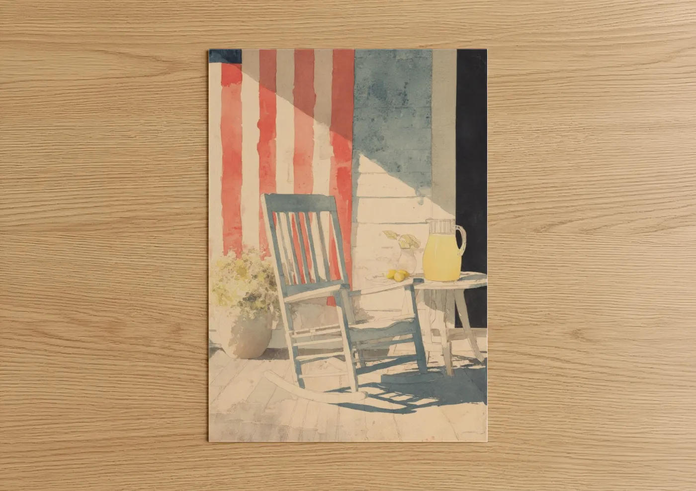 4th of july art print on warm oak wood — red and blue and white palette — Patriotic Porch poster