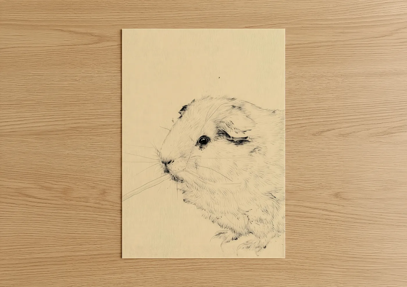 Art print on warm oak wood — cream and black and white palette — Gentle Guinea Pig poster