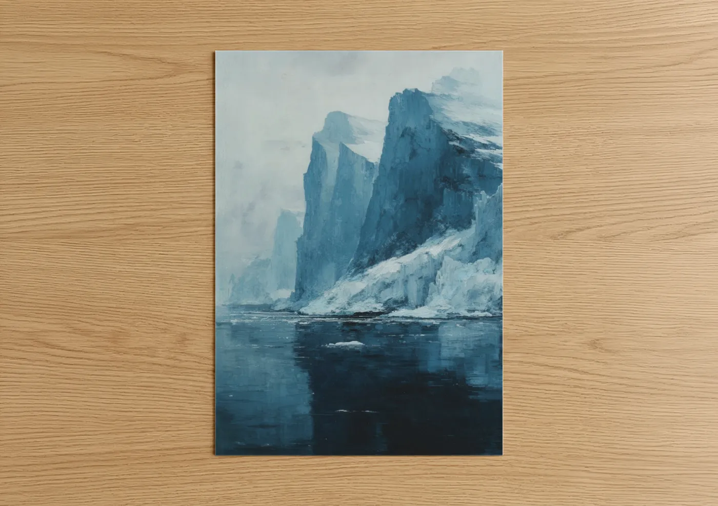 Art print on warm oak wood — blue and white and blue palette — Frozen Cliff Serenity poster