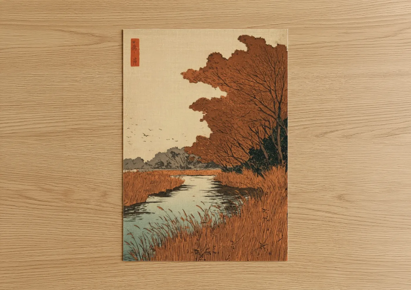 Art print on warm oak wood — russet and cream palette — Autumn Riverside Grass poster