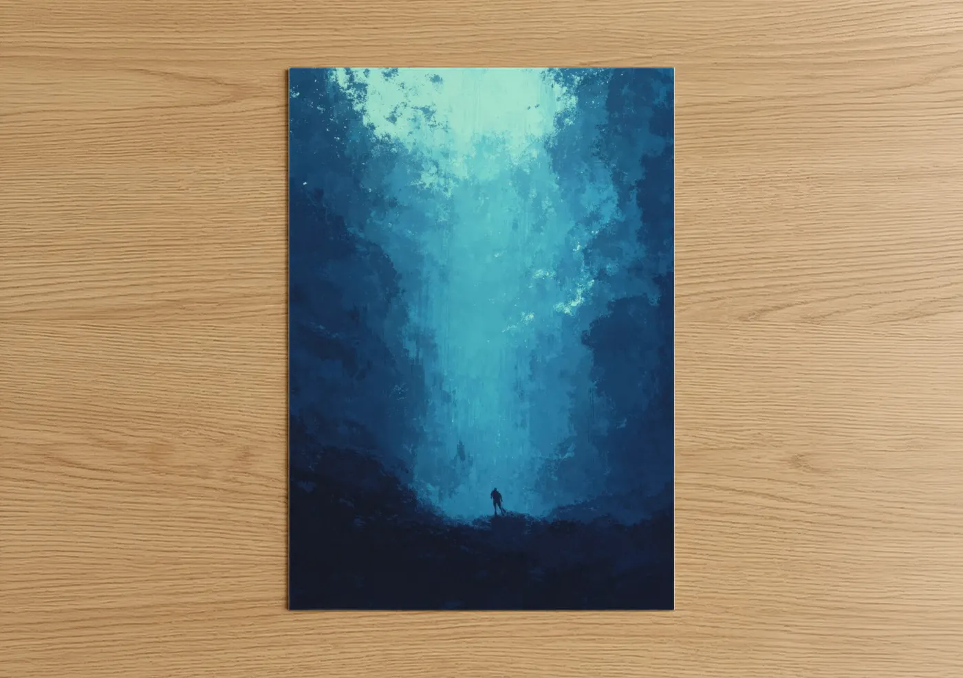 Diving art print on warm oak wood — blue and dark blue palette — Abyssal Dive poster