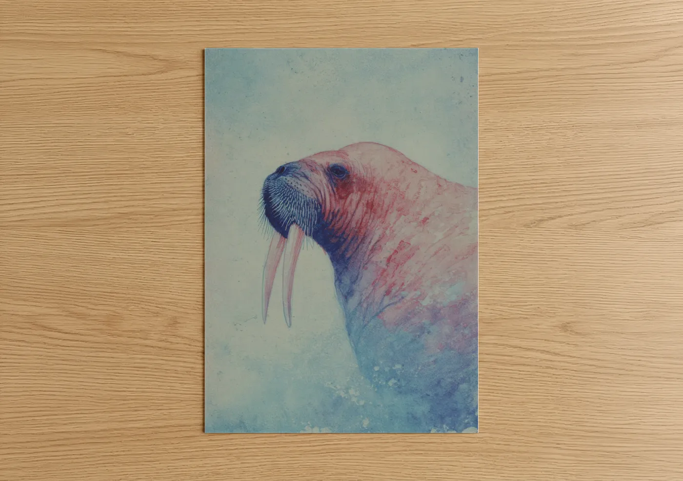 Art print on warm oak wood — blue and rose gold palette — Arctic Walrus poster