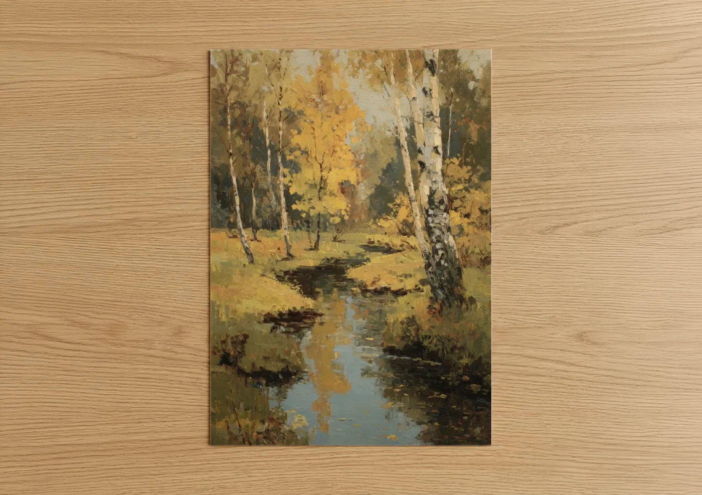 Autumn Birch Stream Forest Watercolor Wall Art