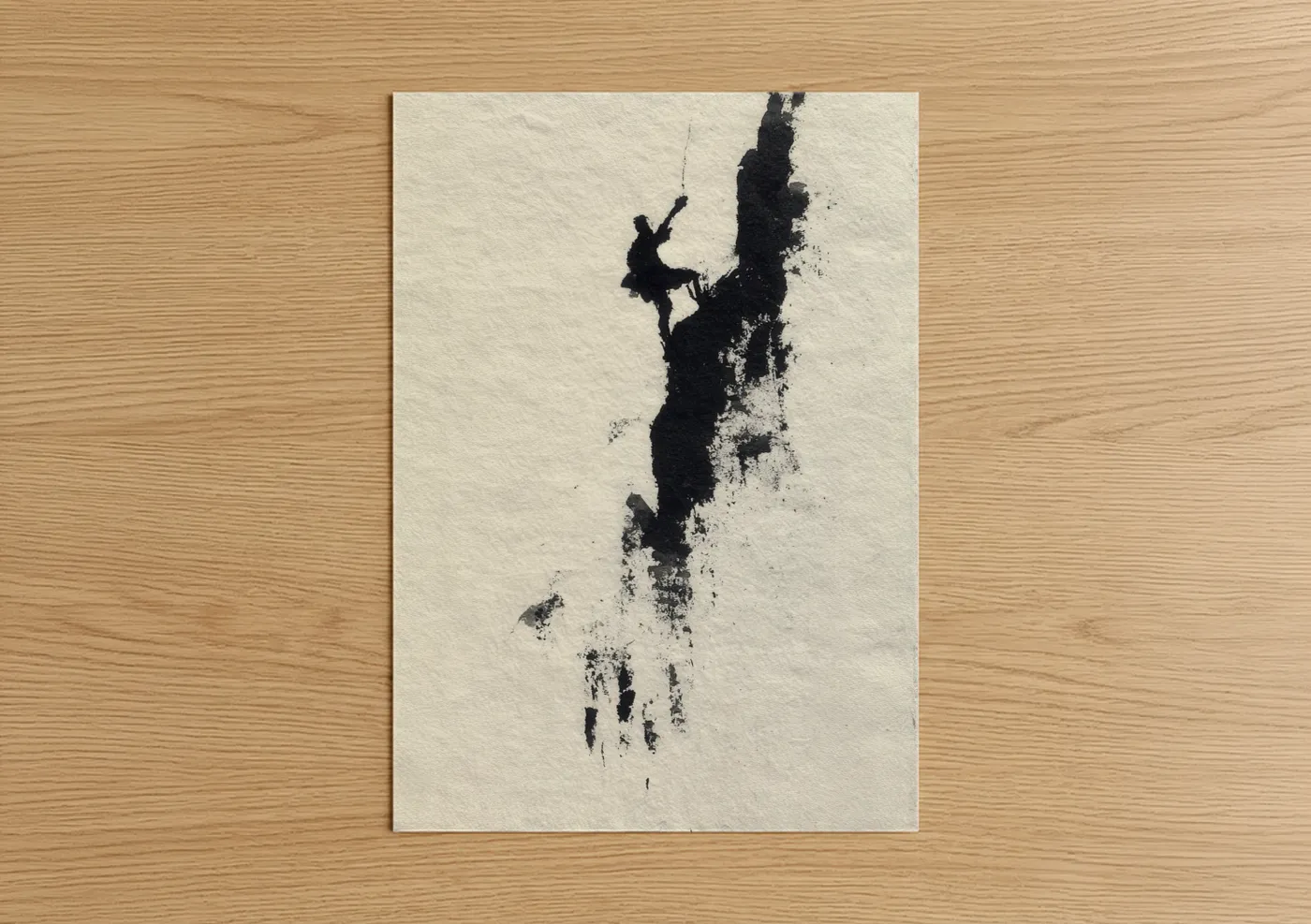 Ice climbing art print on warm oak wood — black and cream palette — Solitary Climber poster