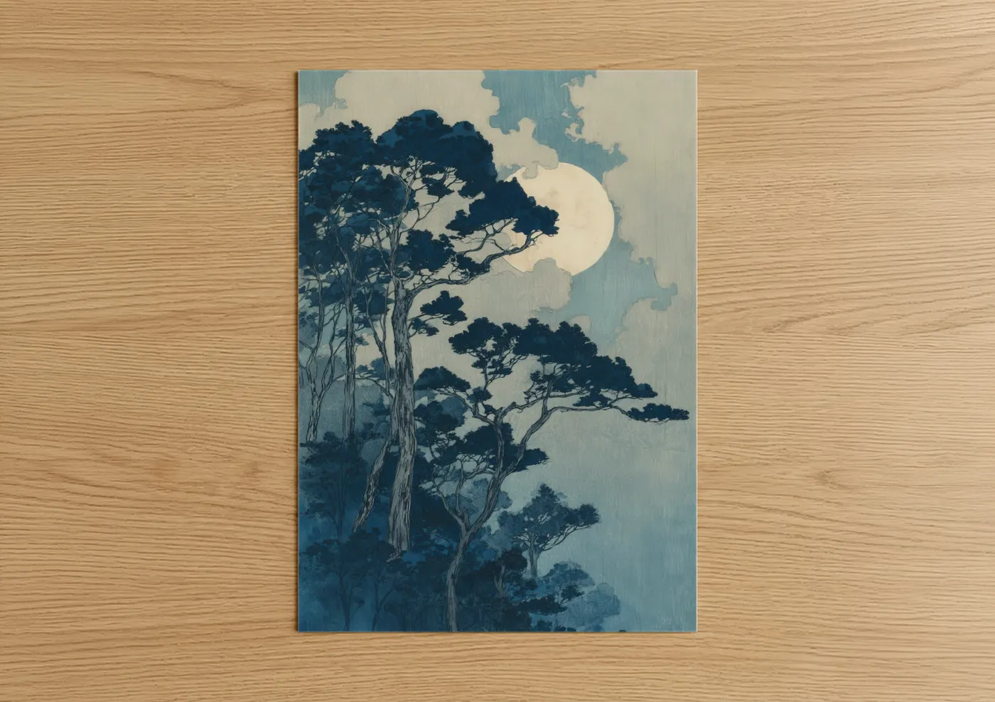 Kauri tree art print on warm oak wood — dark blue and cream palette — Moonlit Kauri poster