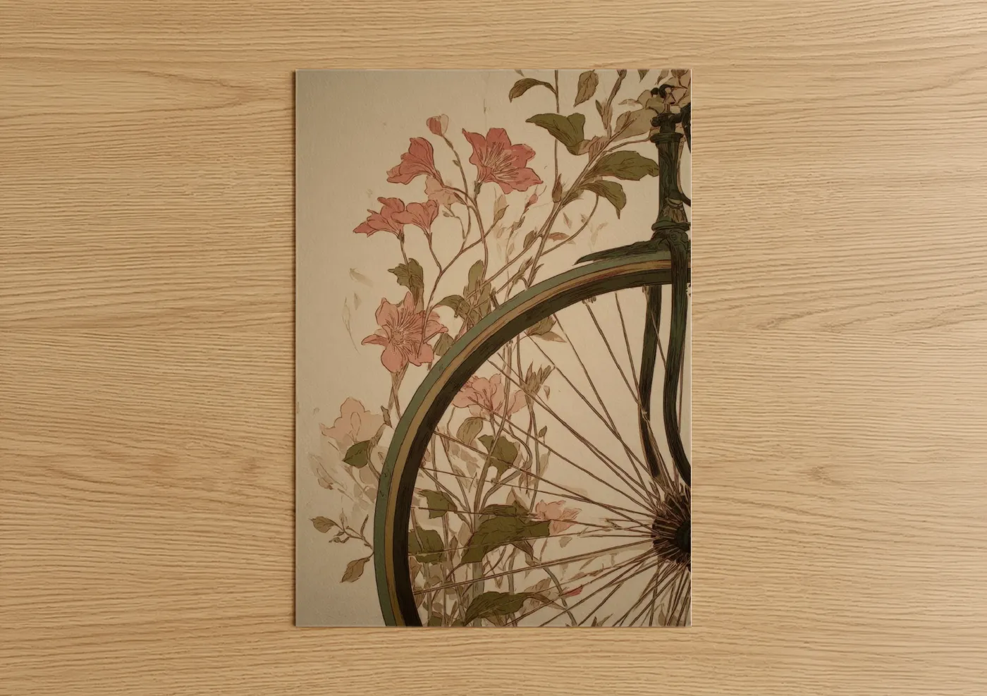Art print on warm oak wood — cream and russet palette — Floral Unicycle poster