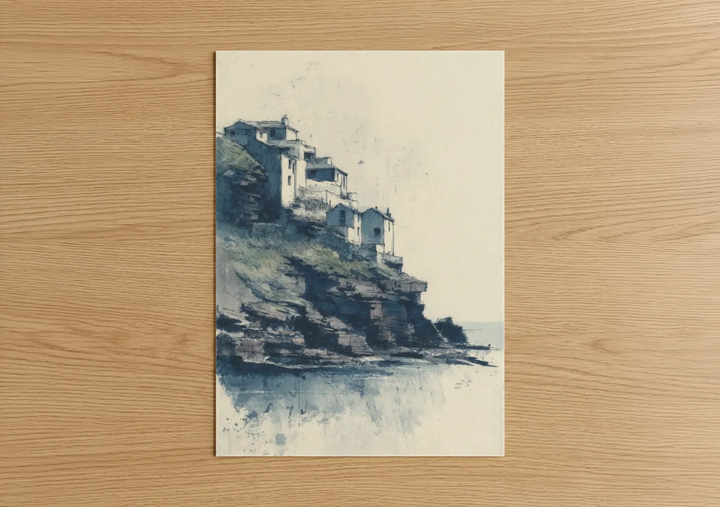 Coastal Cliff Houses Watercolor Wall Art