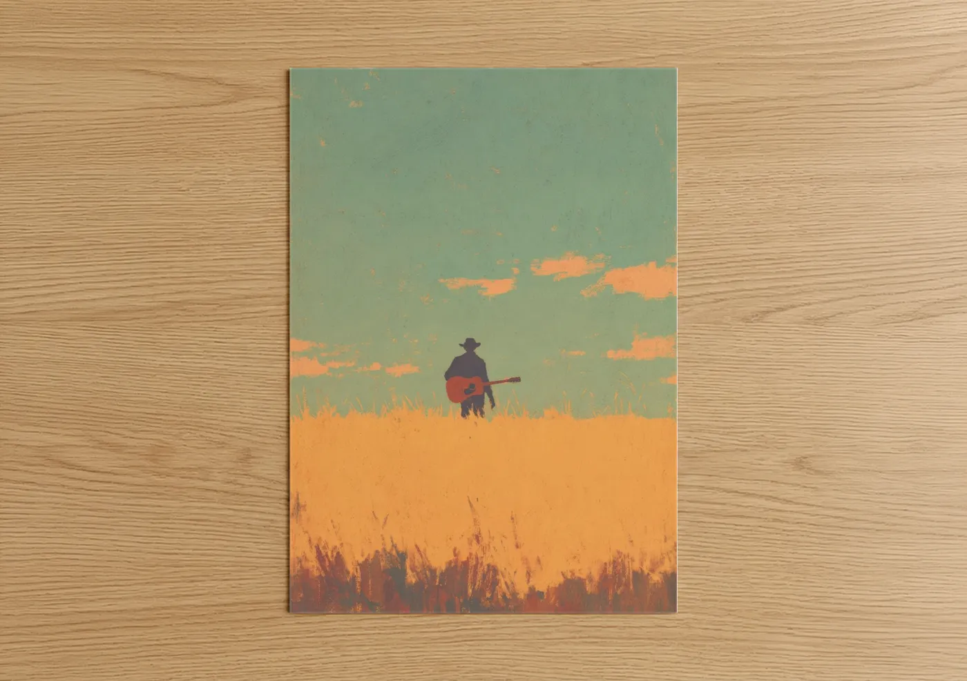 Art print on warm oak wood — orange and sage green palette — Sunset Musician poster