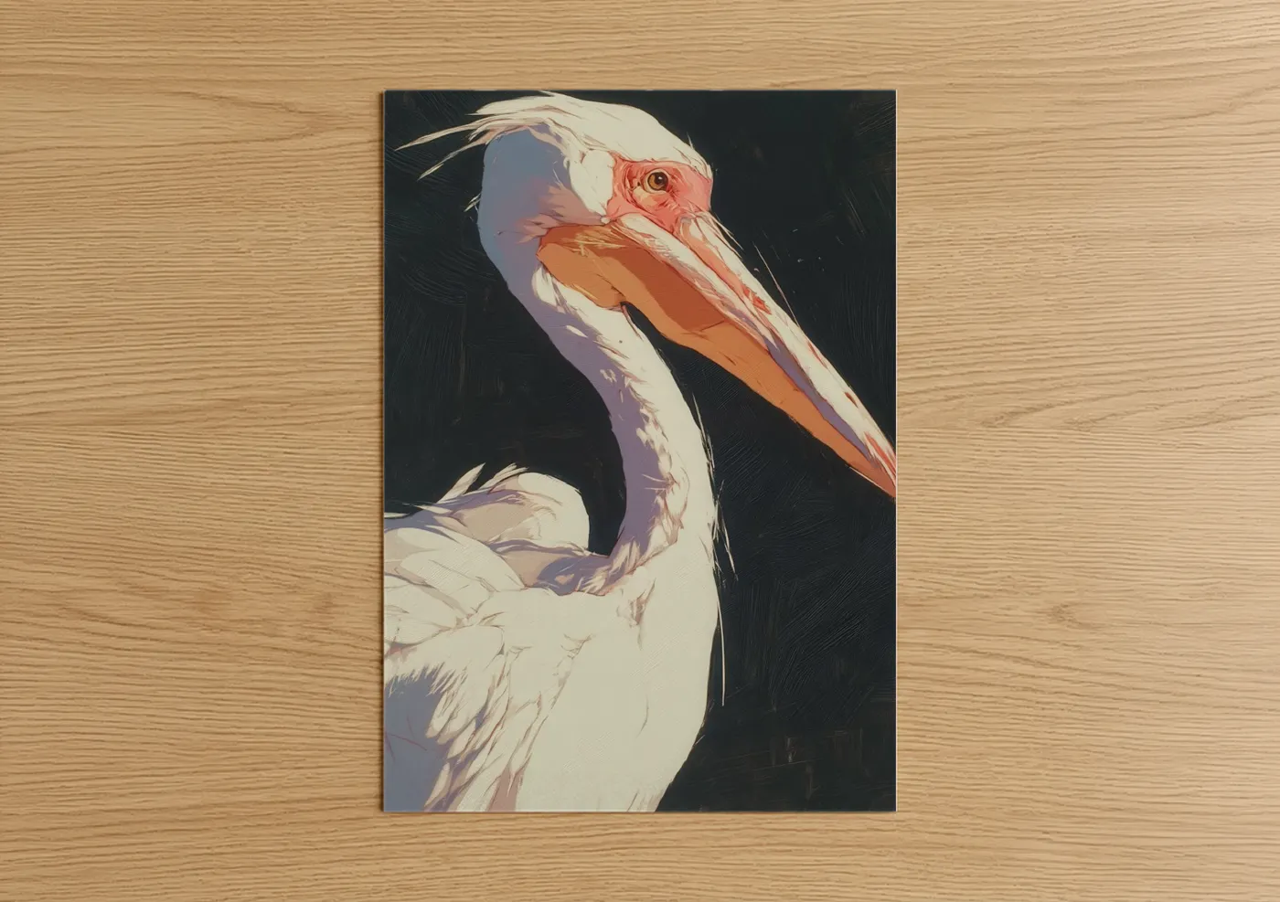 Art print on warm oak wood — cream and orange palette — Elegant Pelican poster