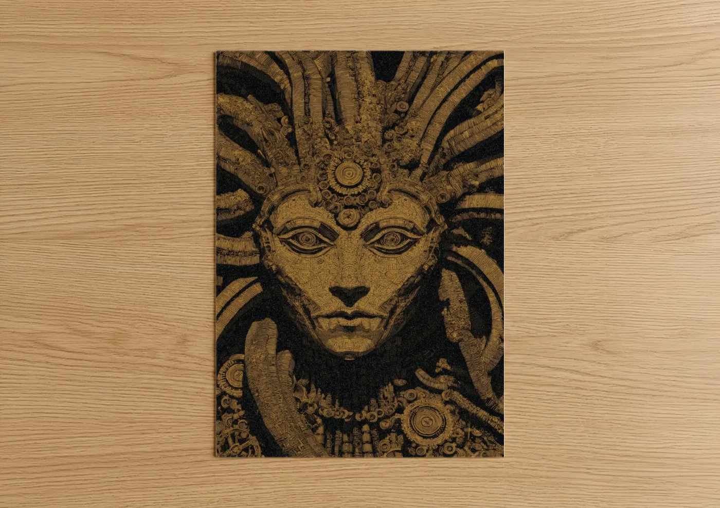 Art print on warm oak wood — gold and black palette — Golden Medusa poster