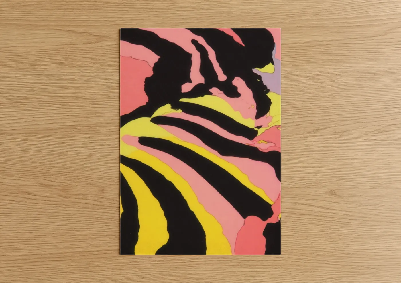 Art print on warm oak wood — black and yellow and salmon pink palette — Striped Minimalist Zebra poster