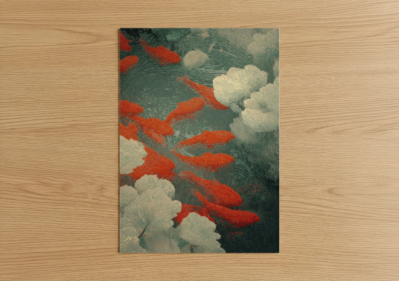 Art print on warm oak wood — dark green and red palette — Crimson Koi Beadwork poster