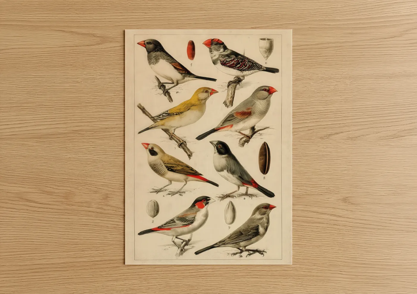 Art print on warm oak wood — cream and red palette — Victorian Finch Collection poster