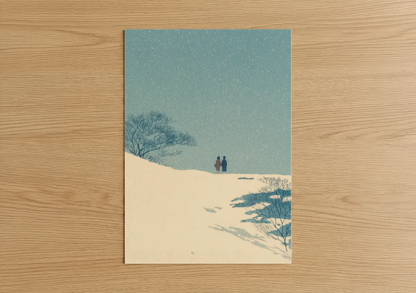 Couple Winter Snow Landscape Illustration Wall Art